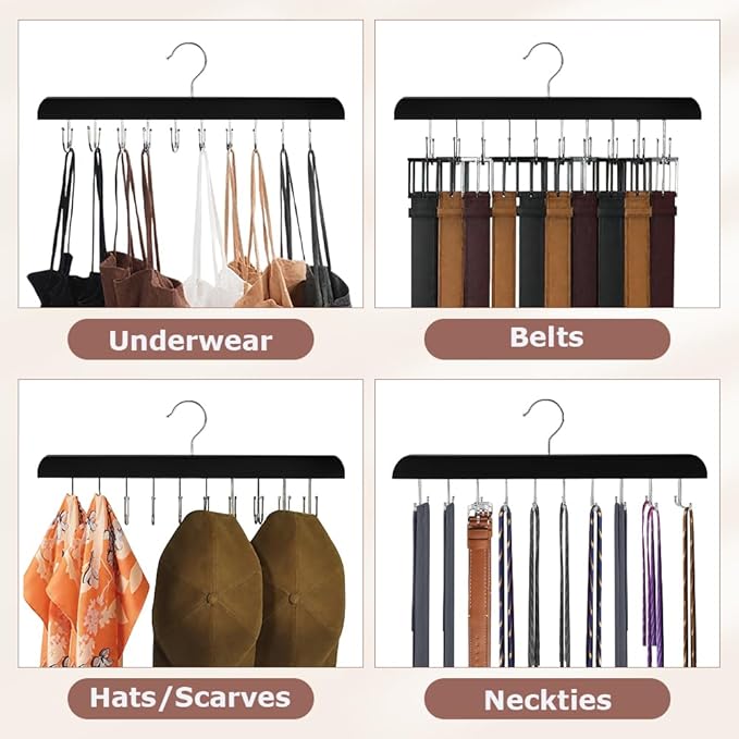 2 Pack Tie Rack Belt Hanger with 20 Foldable Metal Hooks, Space Saving Necktie Organizer for Men Wooden Belt Tie Organizer for Tank Tops Bras Cami Scarves