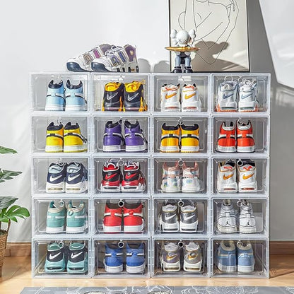 6 Pack JVedette Clear Shoe Storage Boxes Stackable Display | Large Capacity Sneaker Containers with Magnetic Side/Front Drop Door for Closet Organization | Plastic Shoe Organizer Bins