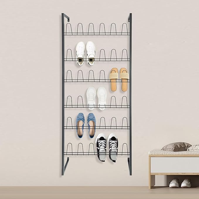 70 Inch 6-Tier Wall Mounted Metal Shoe Organizer, Hanging Shoe Rack for 18 Pairs, Space Saving Heavy Duty Iron Shoe Storage Caddy for Closet Entryway Garage (Black)