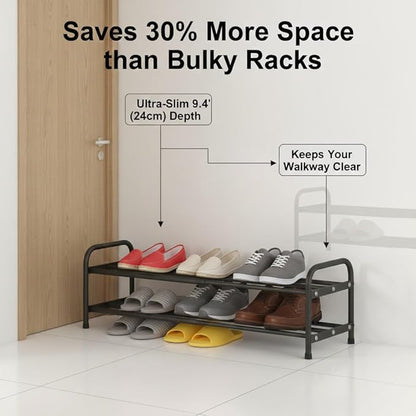 2-Tier Expandable Shoe Rack, 17.3"-31.5" Adjustable Length Metal Shoe Organizer, 9.4" Slim Wide Heavy Duty Shoe Shelf with 4cm Bottom Space for Slippers, Entryway, Closet (Black)