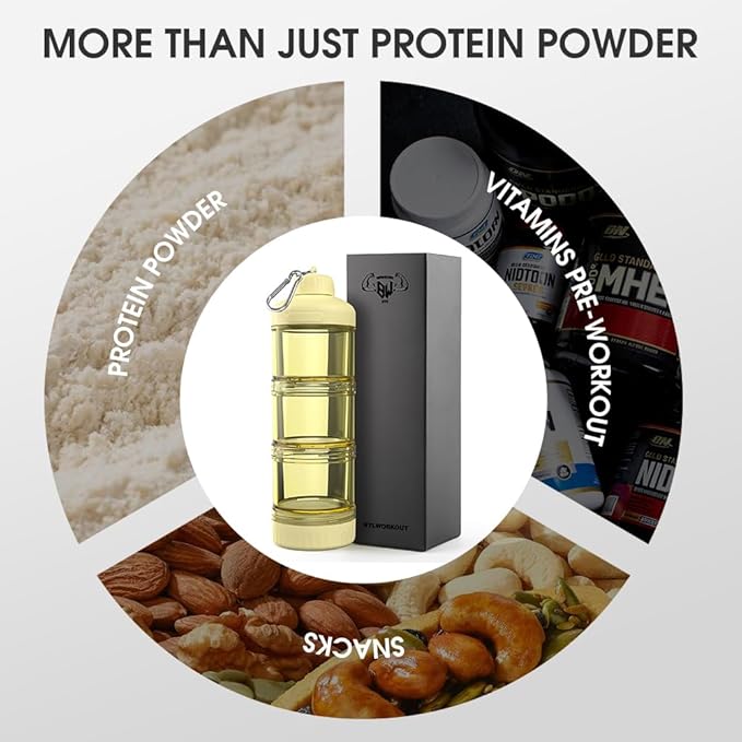 BYLWORKOUT 3-Layer Protein Powder Travel Container with Funnel and Keychain | Portable Food Storage Organizer for Gym, Fitness, Kitchen, Camping, Hiking, and Travel (Yellow)