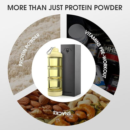 BYLWORKOUT 3-Layer Protein Powder Travel Container with Funnel and Keychain | Portable Food Storage Organizer for Gym, Fitness, Kitchen, Camping, Hiking, and Travel (Yellow)