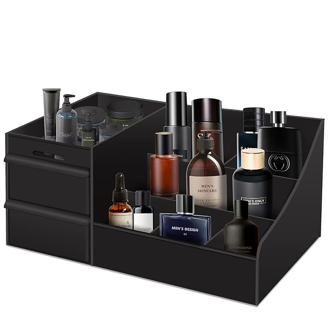 Black Cologne Organizer for Men - Large Countertop Organizer with Drawers for Cologne, Perfume, Shaving & Skincare - Bathroom & Vanity Storage, Ideal Gift for Boyfriend, Husband, Dad & Friends