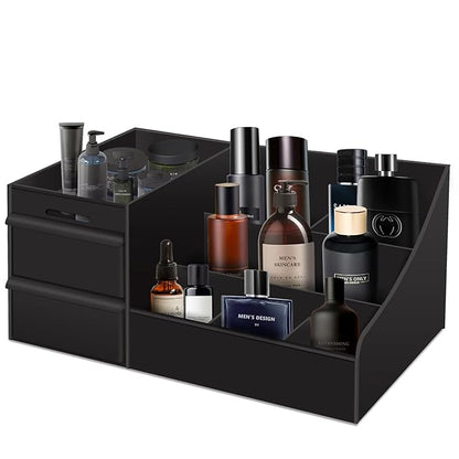 Black Cologne Organizer for Men - Large Countertop Organizer with Drawers for Cologne, Perfume, Shaving & Skincare - Bathroom & Vanity Storage, Ideal Gift for Boyfriend, Husband, Dad & Friends