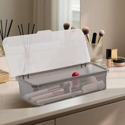 Clear Stackable Storage Drawers,Plastic Organizers Bins with Lid for Makeup Palettes, Cosmetics,and Beauty Supplies,Ideal for Vanity,Bathroom,Cabinet,Desk Organization (Grey)