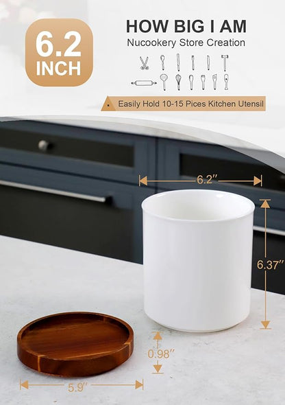 Nucookery 360° Rotating Utensil Holder, 7.2" Large Utensil Crock, White Ceramic Cooking Utensil Organizer with Countertop-Protection Cork Bottom for Farmhouse Kitchen Decor Christmas Gift (White)