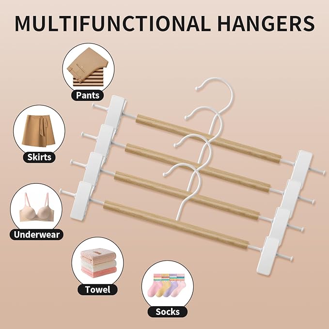 Wooden Pants Hangers with Clips 20 Pack Adjustable Wood Skirt Hangers for Women&Men Space Saving Closet Non Slip Clothes Hanger for Jeans,Trousers,Short,12Inch Natural