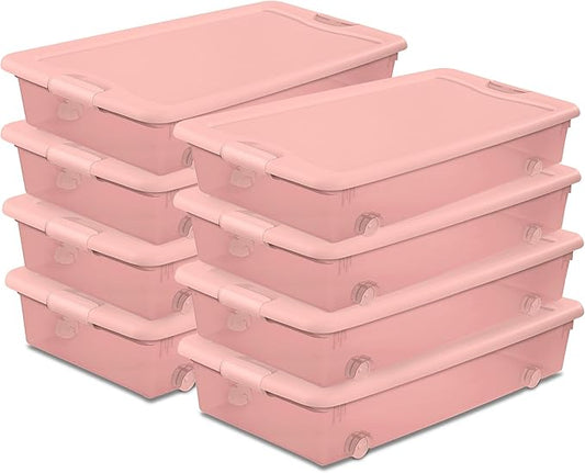 Sterilite 8 Pack Wheeled Under Bed Storage Container, 56 Qt Plastic Bin w/Latching Lid for Organization - Clothes & Shoes Organizer, Pearl Blush Tint