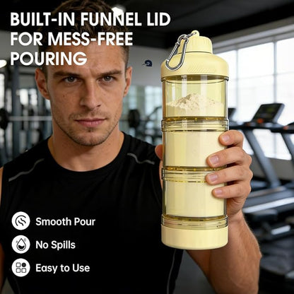BYLWORKOUT 3-Layer Protein Powder Travel Container with Funnel and Keychain | Portable Food Storage Organizer for Gym, Fitness, Kitchen, Camping, Hiking, and Travel (Yellow)