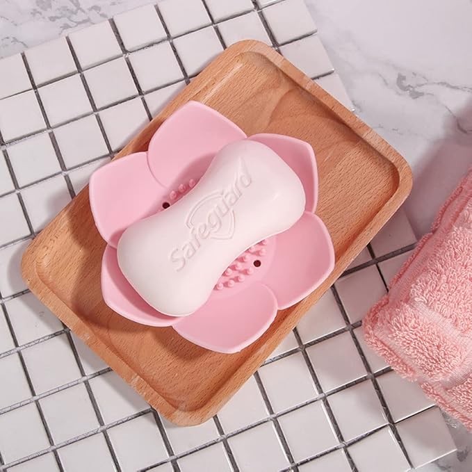 Soap Dishes with Draining, Bathroom Bar Soap Holder for Shower, Soap Tray for Kitchen Sink, Silicone Flower Shape Soap Saver for Counter, Bathtub. Extend Soap Life, Easy Dry (2 Pack, Pink + Blue)