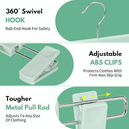 Skirt Hangers, Pants Hangers with Clips，360 ° Swivel Hooks Space Saving Hangers for Pants, Skirts, Clothes, Jeans (30 Pack, Light Green)