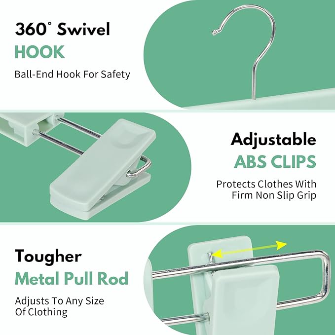 Skirt Hangers，Pants Hangers with Clips，360 ° Swivel Hooks Space Saving Hangers for Pants, Skirts, Clothes, Jeans (20Pack, Light Green)