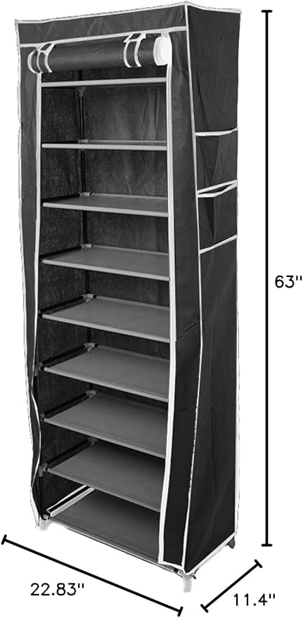 lapday 10 Tier Shoe Rack with Covers, Narrow Tall Shoe Shelf with Side Pocket, Free Standing Shoe Storage Cabinet for Closet Hallway,Bedroom,Entryway (Black), Large, US-2024