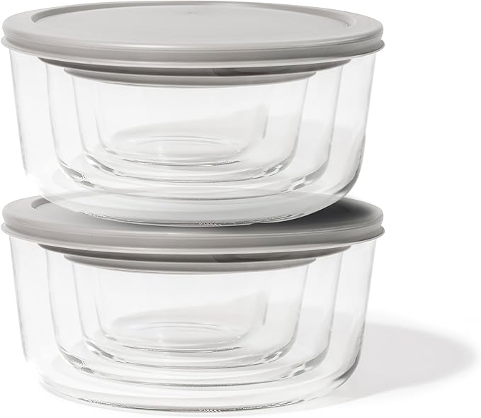16-Piece Glass Food Storage Containers Set (8 Containers + 8 Lids) | Round, Nesting, Microwave & Dishwasher Safe | BPA-Free, Space-Saving | Grey Lids for Pantry & Kitchen Organization, Grey