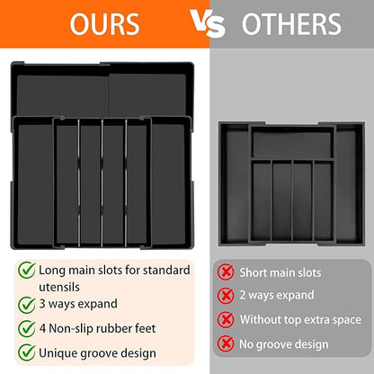 Spaclear Large Kitchen Silverware Organizer - Expandable 17.2" x 17.9" Adjustable Drawer Tray, 4-7 Compartments for Maximum Storage, BPA-Free, Black,L