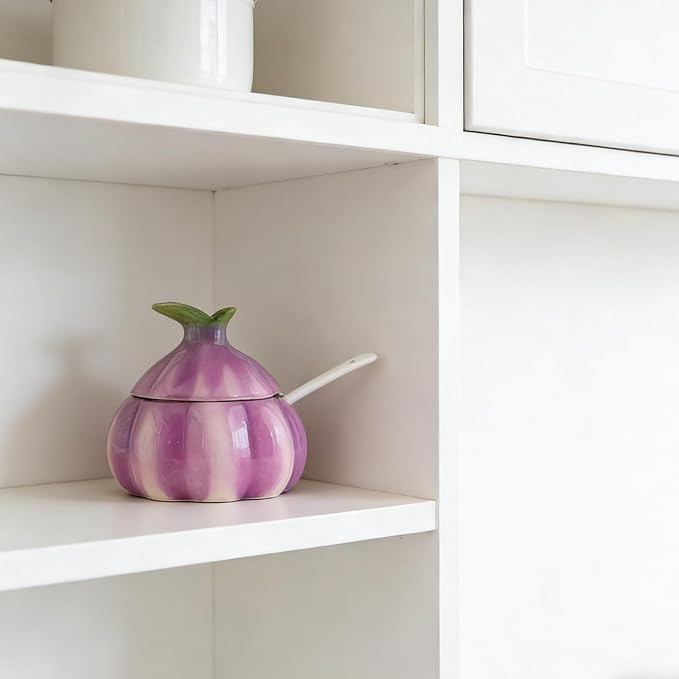 Cute Onion Shaped Ceramic Salt Cellar with Lid and Spoon, Decorative Purple Kitchen Canister for Sugar, Salt, Pepper, and Spices, Farmhouse Kitchen Decor