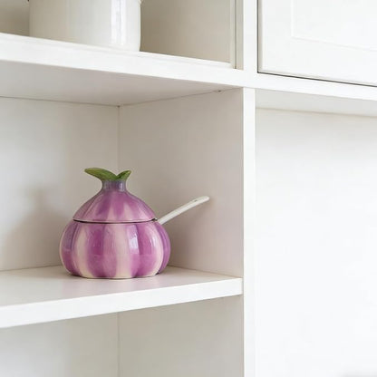 Cute Onion Shaped Ceramic Salt Cellar with Lid and Spoon, Decorative Purple Kitchen Canister for Sugar, Salt, Pepper, and Spices, Farmhouse Kitchen Decor