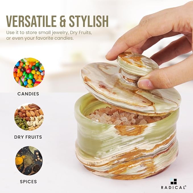 Radicaln Marble Salt Cellar with Lid 4" Inch Green Handmade Salt Jar & Table Salt Storage For Kitchen Countertop, Ideal Salt Container, Salt Dish & Sugar Bowl For Table