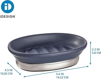 iDesign Ceramic and Steel Bar Holder, The York Collection Soap Dish, Matte Navy/Brushed Nickel