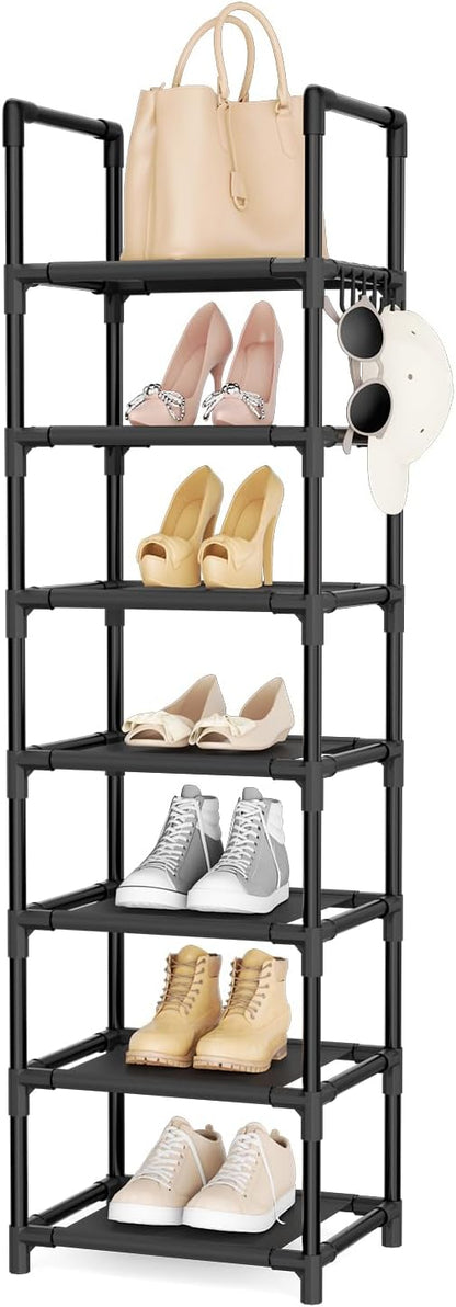 LANTEFUL Tall Shoe Rack 7 Tier Narrow Shoe Shelf Storage for 7-14 Pairs Shoe and Boot, Sturdy Shoe Storage Space Saving Corner Shoe Rack Organizer for Closet, Entryway, Living Room, Black