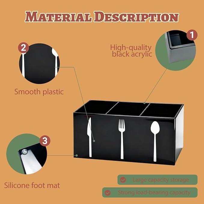 Acrylic Cutlery Storage Organizer Bin,3 Section Silverware Caddy with Spoon Fork Organizer, Clear Plastic Utensil Holder for Kitchen Countertop, Cabinet, Dining Room (Black)