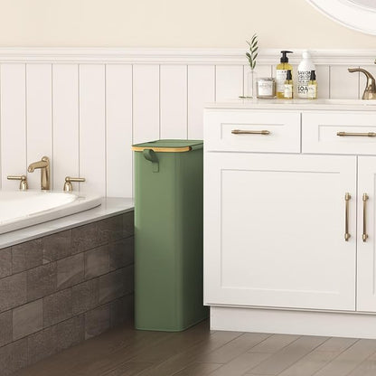 Lifewit 65L Slim Laundry Hamper with Lid, Narrow Laundry Basket with Removable Bag & Bamboo Handles, Fodable Thin Dirty Clothes Hamper for Laundry Collapsible Bin for Bathroom Bedroom Dorm, Green