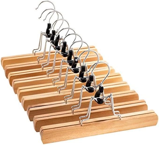 10x High-Grade Wooden Hanger with Clip Anti-Skid Skirt, Smooth Surface Solid Wood Jeans/Elastic Hanger with 360 ° Rotating Hook Pants Skirt Frame Vintage Wood (Natural Wood)