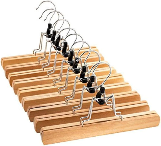 10x High-Grade Wooden Hanger with Clip Anti-Skid Skirt, Smooth Surface Solid Wood Jeans/Elastic Hanger with 360 ° Rotating Hook Pants Skirt Frame Vintage Wood (Natural Wood)