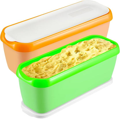 Ice Cream Containers Set of 2, 1.5 Quart Ice Cream Tub, Reusable Homemade Ice Cream Tubs with Stackable Freezer Storage Container for Yogurt, Sorbet, Gelato (Cyan+Orange=2Pack)