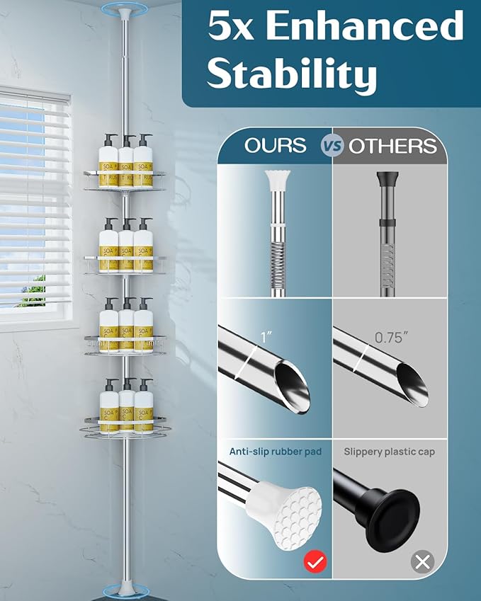 SEIRIONE Rustproof Shower Corner Caddy Organizer for Bathroom, 4 Adjustable Shelves with Tension Pole, for Bathtub Shampoo Accessories Storage Holder, 34 to 116 Inch Height, Silver