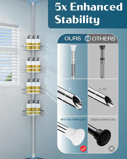 SEIRIONE Rustproof Shower Corner Caddy Organizer for Bathroom, 4 Adjustable Shelves with Tension Pole, for Bathtub Shampoo Accessories Storage Holder, 34 to 116 Inch Height, Silver