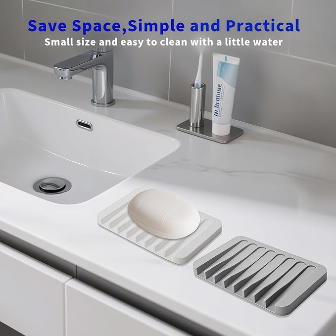 2Pcs Self Draining Soap Dishes, Soap Dish for Bathroom Sink, Premium Silicone Soap Holder, Bathroom, Kitchen, Sponges, Keep Soaps Bars Dry Clean, Extend Life Easy Clean Non - Slip Design