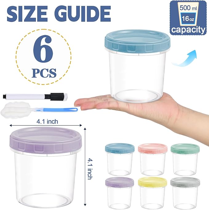 Yomarket 6pcs 16 oz Plastic Deli Containers with Screw Lids, Small Freezer Containers Reusable 2 Cup Food Storage Container with Pen & Brush for Snack Salad Fruit, Microwave & Dishwasher Safe BPA Free