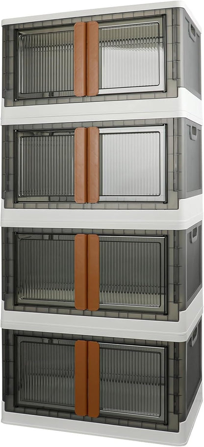 Storage Boxes, Extra Large Cabinet with Lids, 19 Gallon(72L) Capacity (Each One), 4 Packs, Useful Box with Door and Buckles, Foldable, Transparent, Excellent Home Organizers
