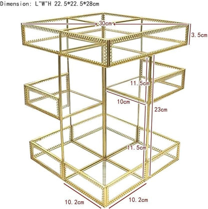 360 Degree Rotation Makeup Organizer Antique Countertop Cosmetic Storage Box Mirror Glass Beauty Display, Gold Spin Large Capacity Holder for Brushes Lipsticks Skincare Toner