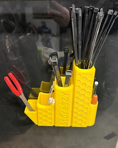 ZipStation Pro Zip Tie Organizer – 3 Tier Holder with Cutter Slot & Pen Storage – Magnetic Toolbox Organizer (Yellow)