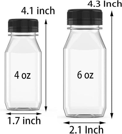 Hulless 6 Ounce Plastic Juice Bottle Drink Containers 5 Pcs Juicing Bottles with Black Lids, Suitable for Juice, Smoothies, Milk and Homemade Beverages