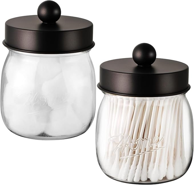 Farmhouse Decor Apothecary Jar Set, Mason Jar Bathroom Vanity Storage Organizer Canister-Qtip Holder Plastic Acrylic Jar for Cotton Swab, Cotton Pad, Floss Pick, Paper Clip, Hair Clip (2 Pack, Bronze)
