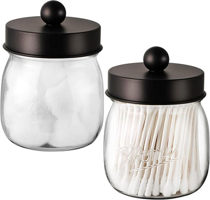 Farmhouse Decor Apothecary Jar Set, Mason Jar Bathroom Vanity Storage Organizer Canister-Qtip Holder Plastic Acrylic Jar for Cotton Swab, Cotton Pad, Floss Pick, Paper Clip, Hair Clip (2 Pack, Bronze)