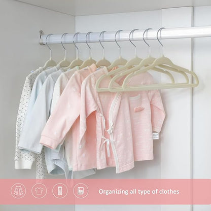 ManGotree 11" Baby Velvet Hangers, Non-Slip Infant Coat Hangers, Ultra-Thin Toddler Felt Hanger with 360° Swivel Hook, Space Saving Children's Hanger for Kids Clothes, 48 Pack (Beige)