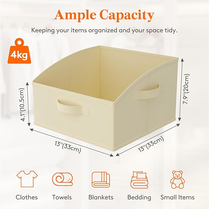 Lifewit Trapezoid Closet Storage Bins for Shelf, 6 Packs Non-woven Closet Organizer Baskets with Handles, Foldable Clothes Containers Boxes for Clothing, Book, Purse, 16L, Medium, Beige