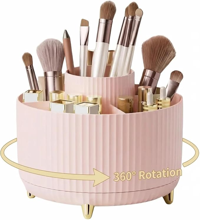 360 Degree Rotating Desktop Organizer,Makeup Brushes,Pencils,Desktop Stationery Storage Rotating Rack,Premium Plastic Organizer For Office,School And Home (Pink)