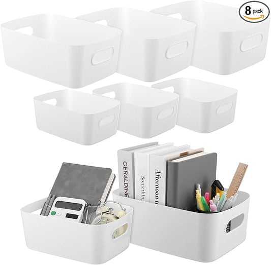 8 Pack White Plastic Storage Bins Multi-Use Small Organizer Bins Containers with Handles for Pantry, Cabinet, Under Sink, Kitchen, Bathroom & Office, 2 Sizes