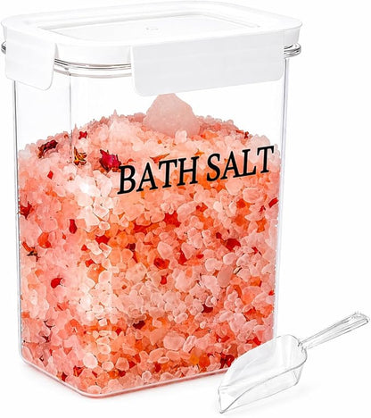61 oz Bath Salt Jar, Plastic Bath Salt Container with Scoop, Airtight Storage with Locking Lids, Stackable Clear Canister for Epsom Salt, Bathtub Accessories