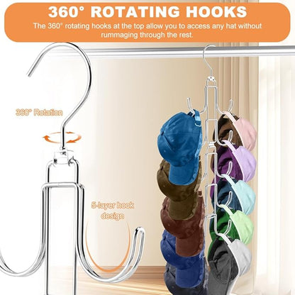 Hat Organizer for Closet, 10-Hook Hanging Hat Organizer with 2pcs Single Hook Hats Racks, Rotatable Space Saving Metal Hats Storage for Baseball Caps, Holds Up to 50 Baseball Caps