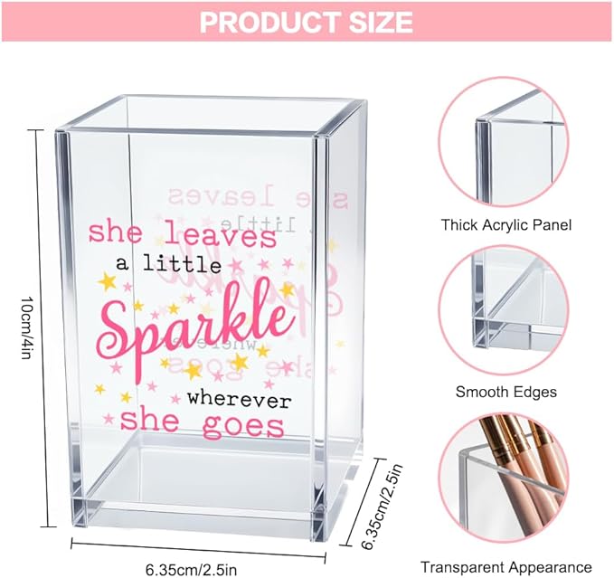 She Leaves A Little Sparkle Wherever She Goes Acrylic Makeup Brush Organizer Holder, Girl Power Vanity Desk Organizer Accessories for Office Decor, Inspirational Gifts for Women Daughter Sister