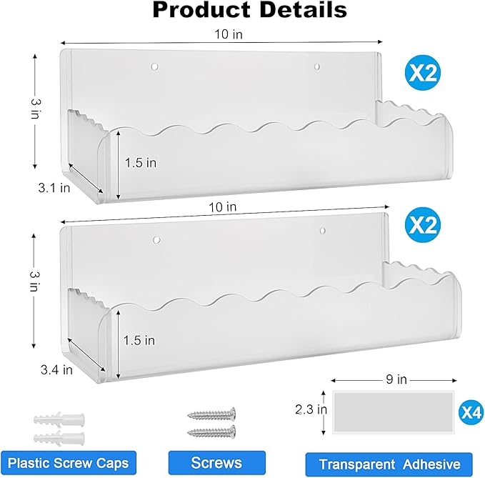 10 inch Spice Rack Wall Mounted,4 Pack Spice Organizer Shelf for Stove Cabinet Pantry Door, Adhesive or Screw Hanging Wall Spice Shelf Storage Holder in Kitchen and RV - Frost Color