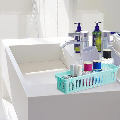 Domensi 12 Pack Slim Plastic Storage Baskets Tray for Organizing 10.25x3.25x2.5 Inch Small Narrow Storage Bins Stackable Drawer Pencil Trays Holder for Desk Garage Cabinet Container (Vivid Colors)