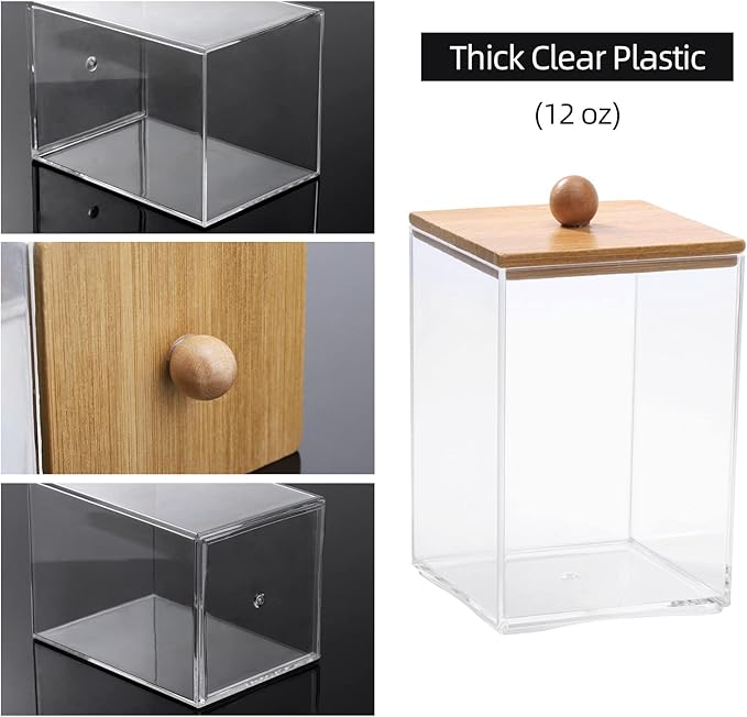 Tbestmax 3 Pack Square Qtip Holder - 12 oz Bathroom Organizers and Storage Containers, Plastic Apothecary Jars with Bamboo Lids for Cotton Ball, Cotton Swab, Floss