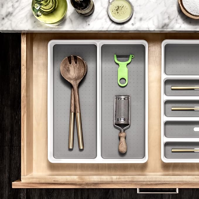 madesmart Premium 2 Compartment Utensil Tray, Deep Storage for Ladles, Whisks & Serving Tools, Non Slip Lining, for Drawers & Home Organization, White